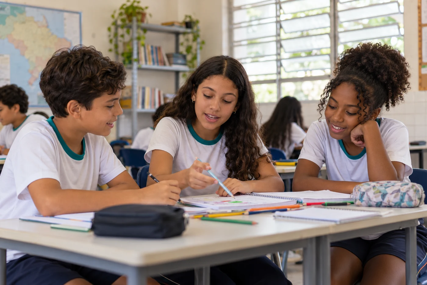 Alunos do ensino básico a trabalhar juntos numa atividade escolar