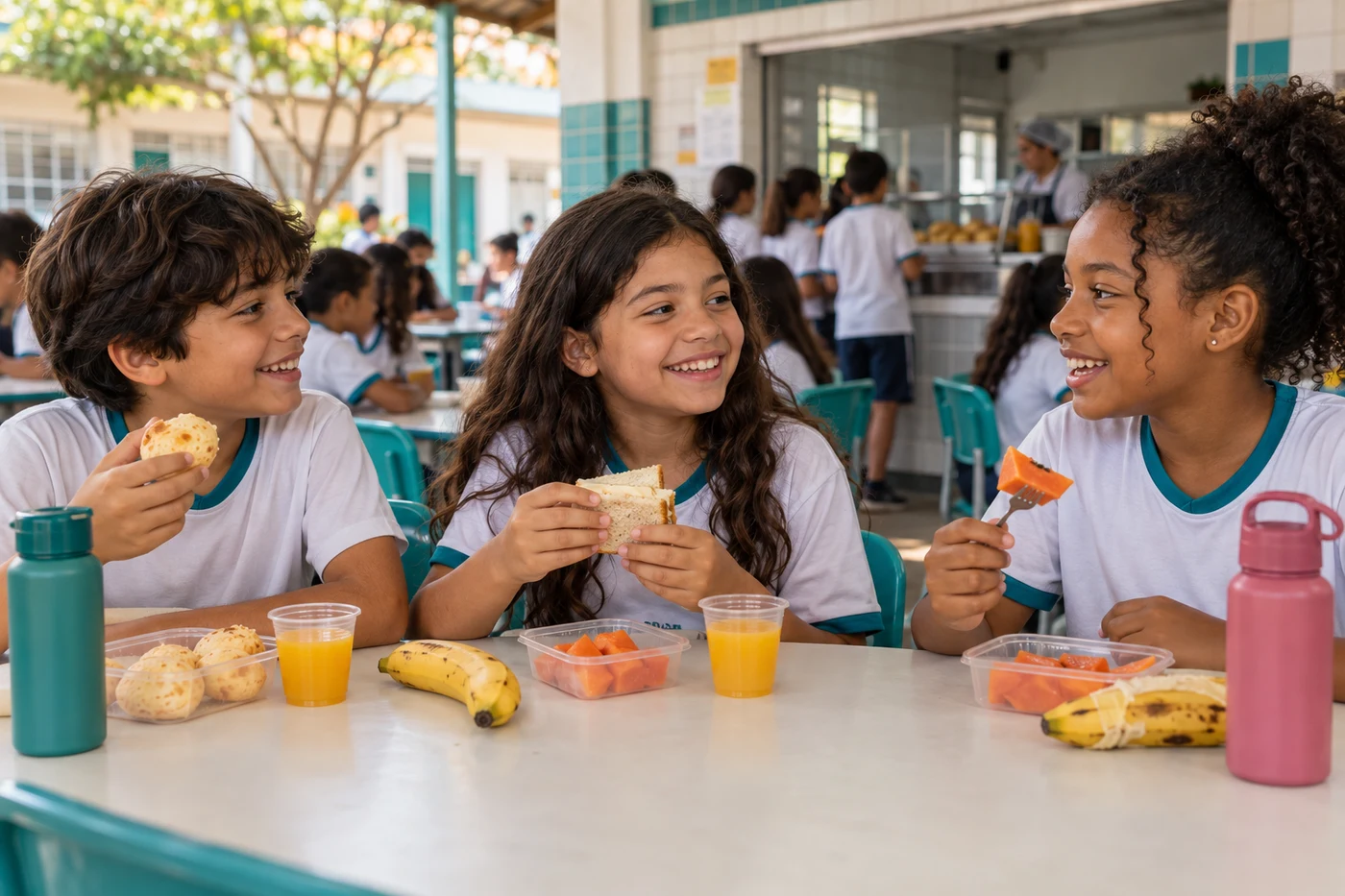 Primary school children enjoying a snack together in the school cafeteria