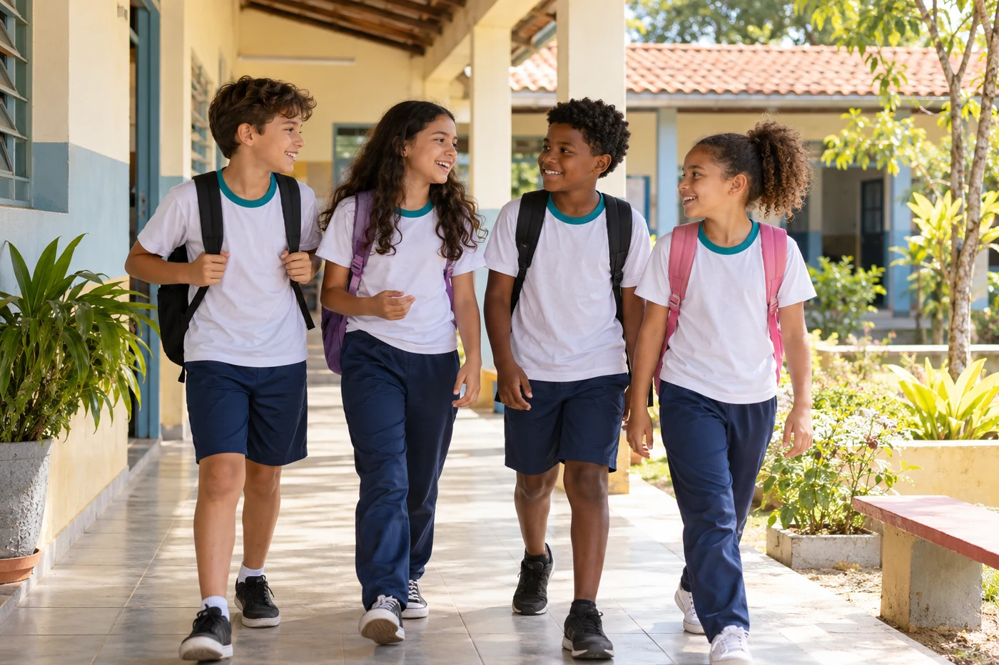 Children with backpacks arriving at school