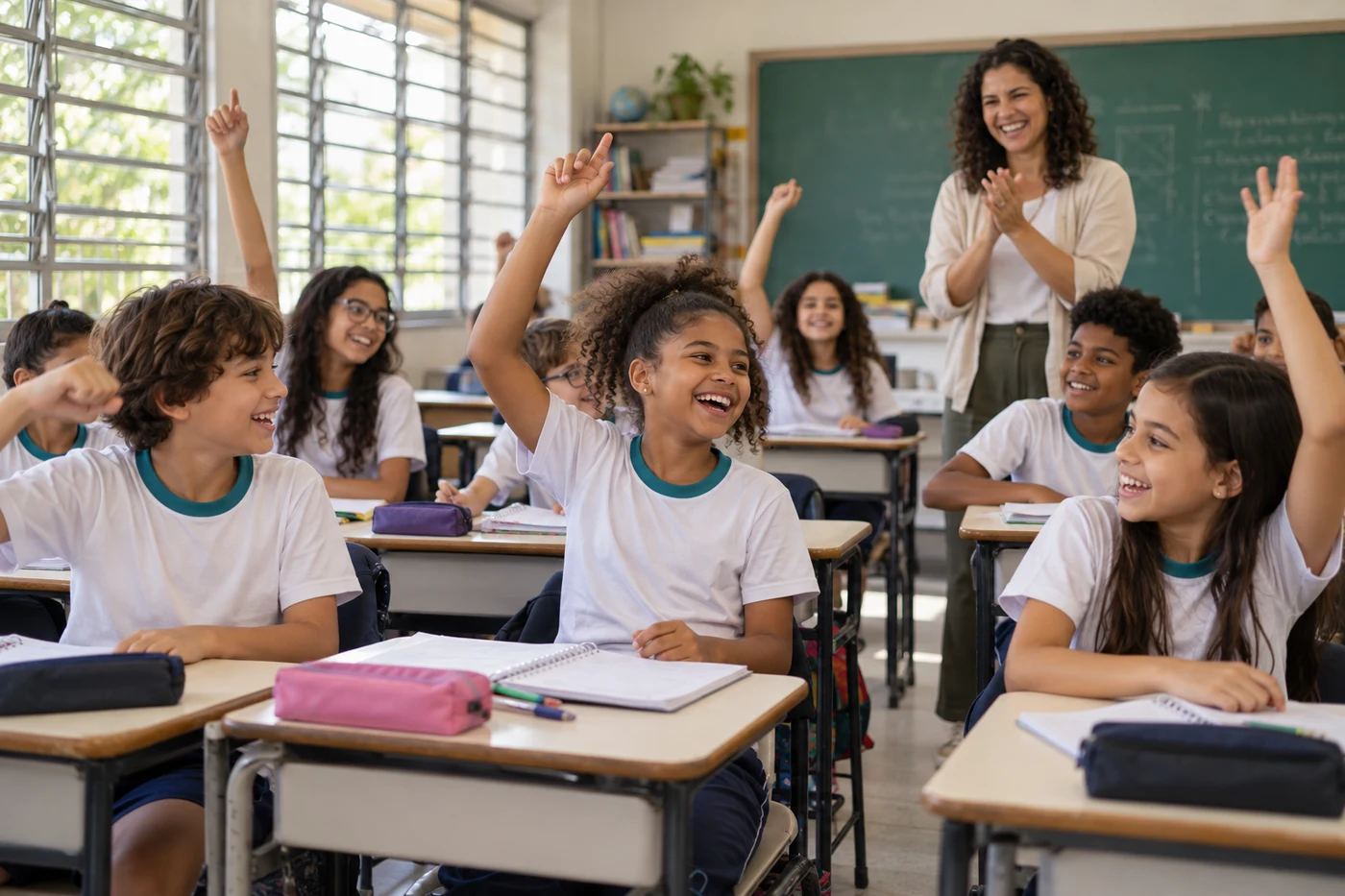 Elementary school students and their teacher celebrating in a classroom